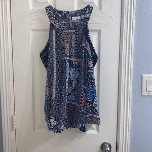 New York & Company navy floral blouse with lace